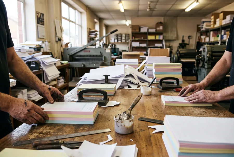 Manos compaginando talonarios de papel autocopiativo en la mesa del taller