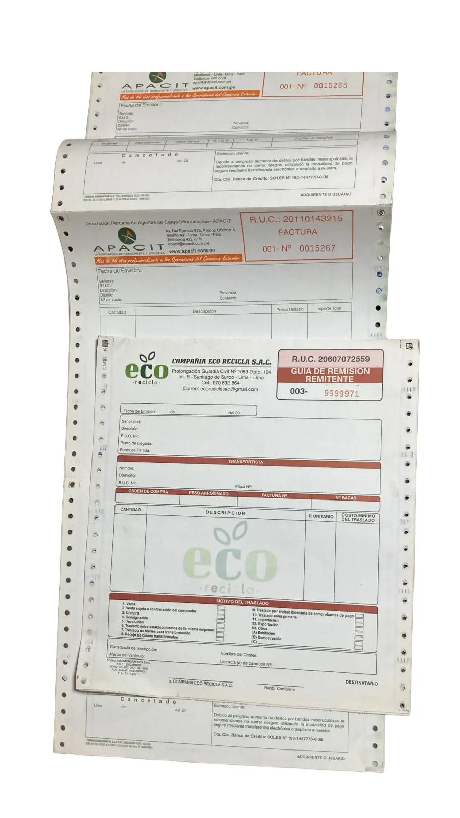 Facturas y guía de remisión remitente en formato continuo para agente de carga