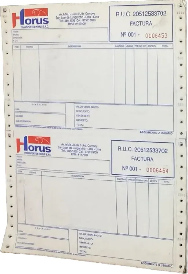 Factura comercial impresa en formato continuo autocopiativo