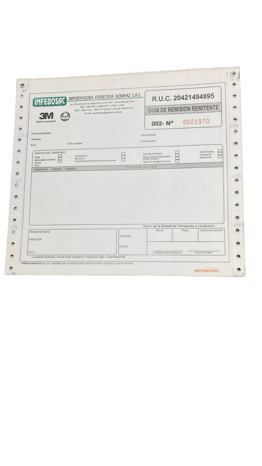 Guía de remisión remitente en formato continuo con casilleros SUNAT