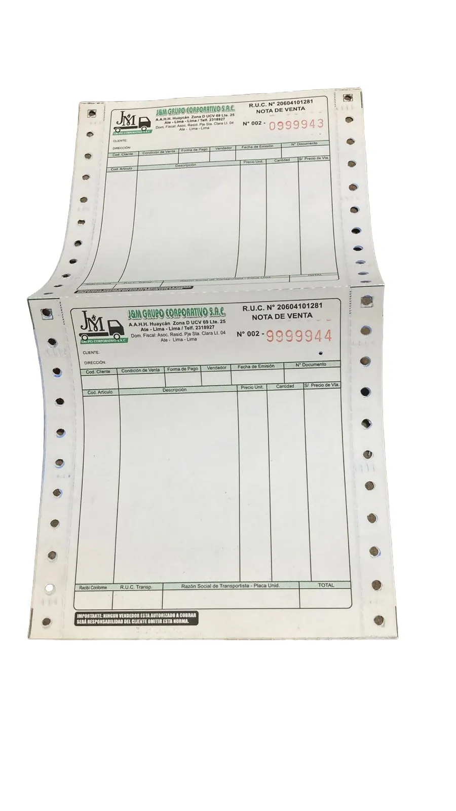 Nota de venta corporativa en papel químico continuo
