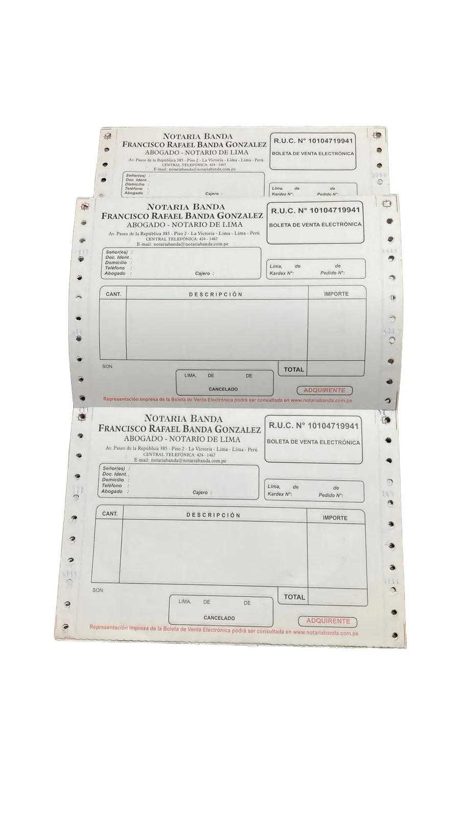 Representación impresa de boleta de venta electrónica en formato continuo