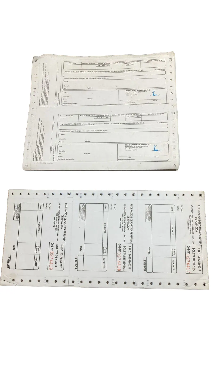 Letra de cambio impresa en formato continuo con sus textos legales