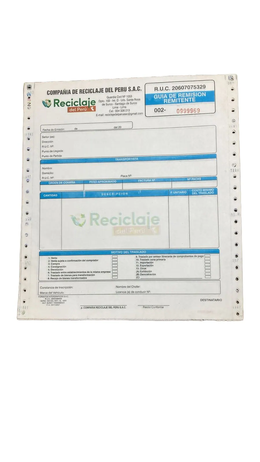 Formato continuo de guía de remisión remitente con encabezado azul
