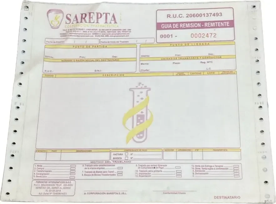 Guía de remisión remitente continua en triplicado autocopiativo