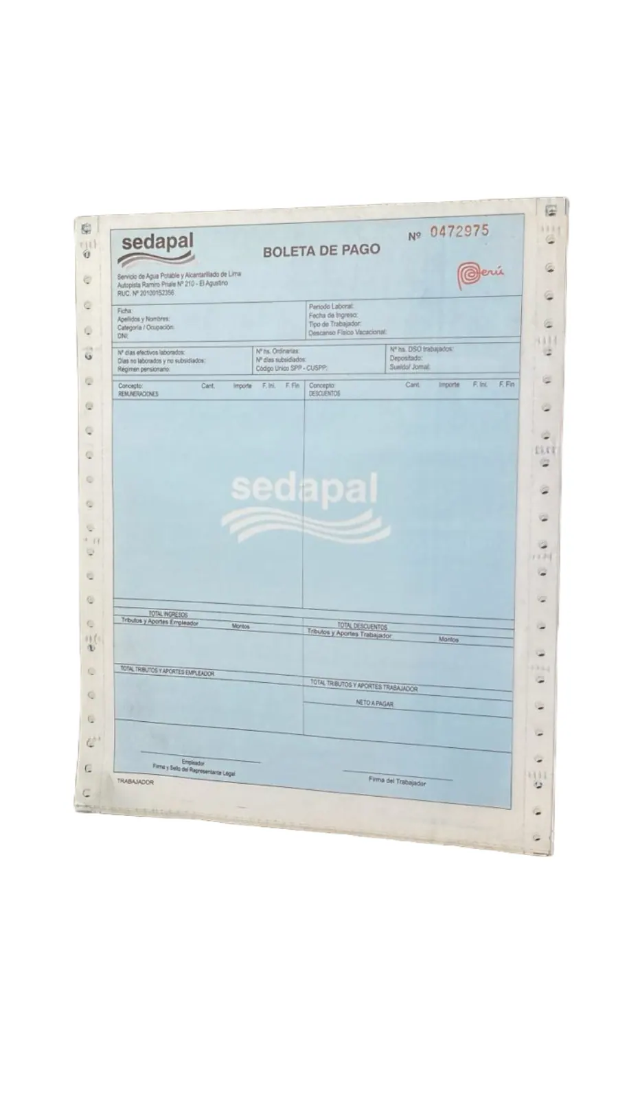 Boleta de pago de haberes en formato continuo para personal