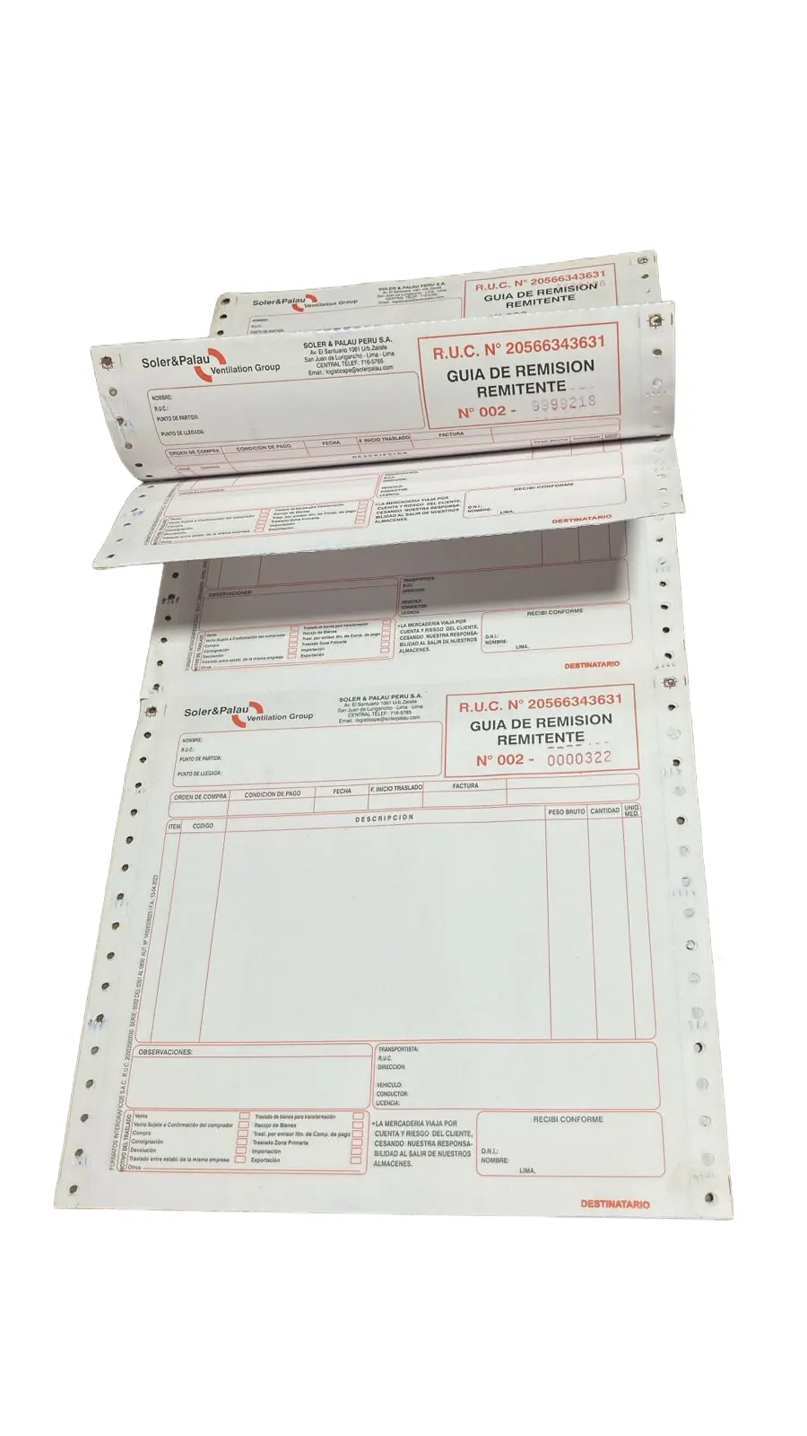 Guía de remisión continua de remitente con membrete impreso en offset